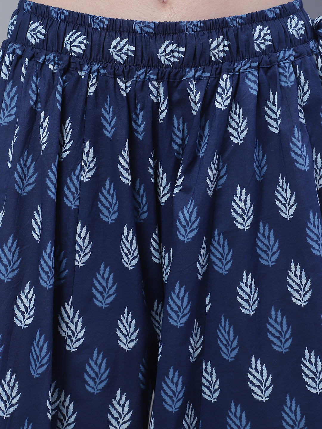 Indigo Blue Leaf Cotton Print Flared Palazzo