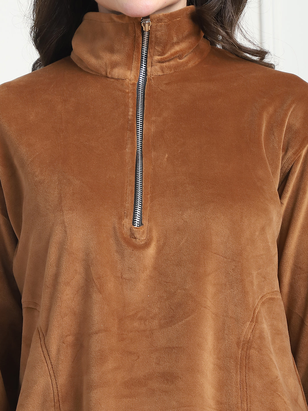 Camel Brown Velvet Zip Lounge Set