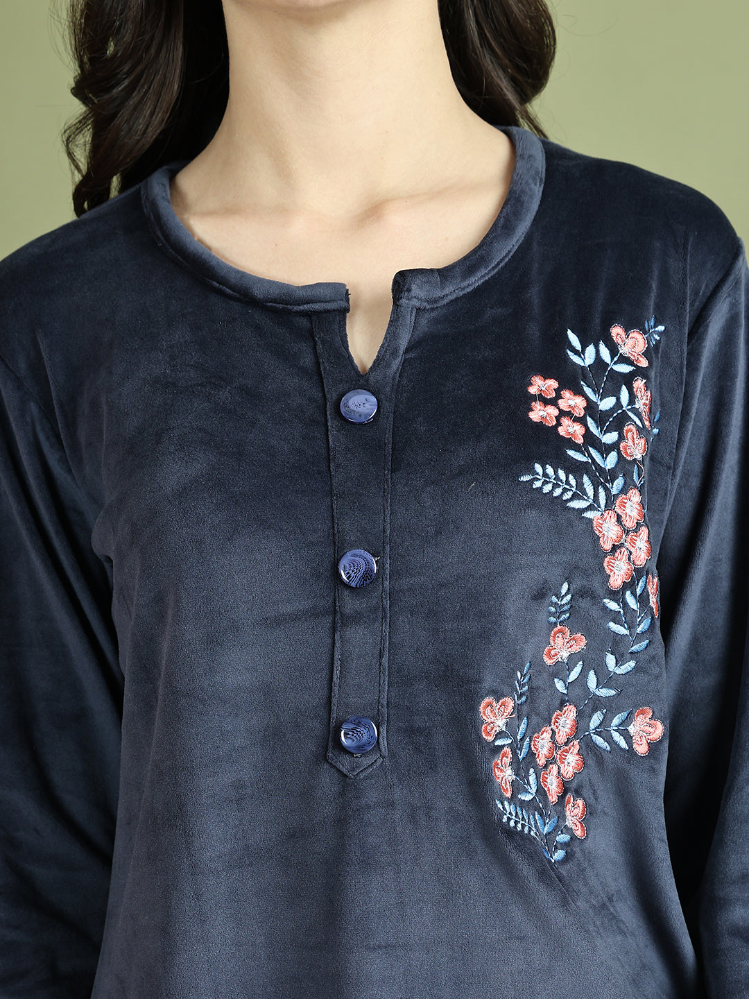 Navy Blue Embroidery Velvet Lounge Set