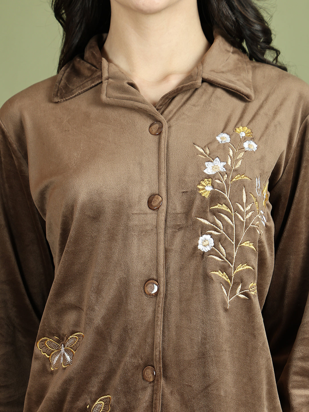 Brown Embroidery Velvet Lounge Set