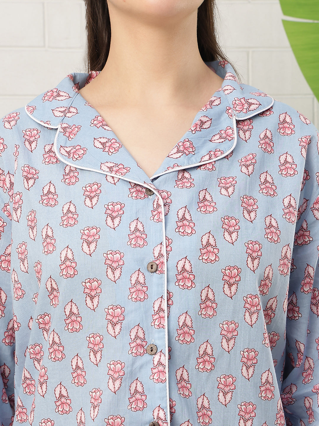 Blue Lotus Booti Collar Night Suit