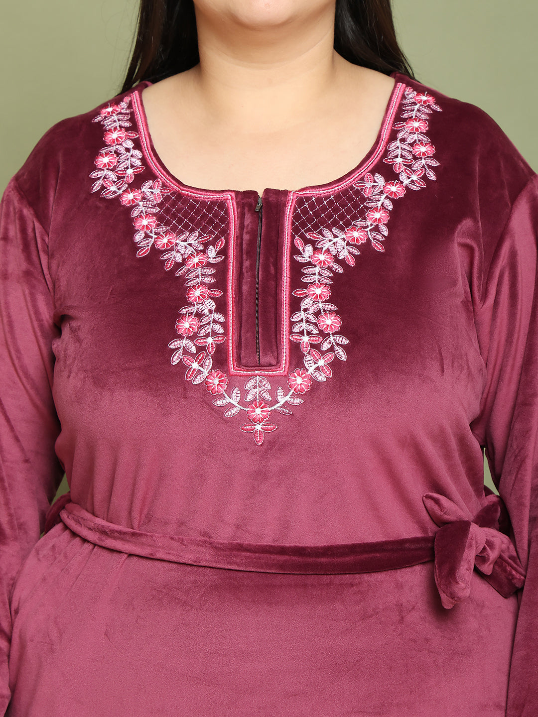 Wine Embroidery Velvet Night Dress