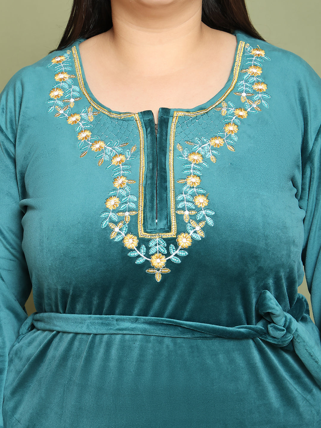 Bottle Green Embroidery Velvet Night Dress