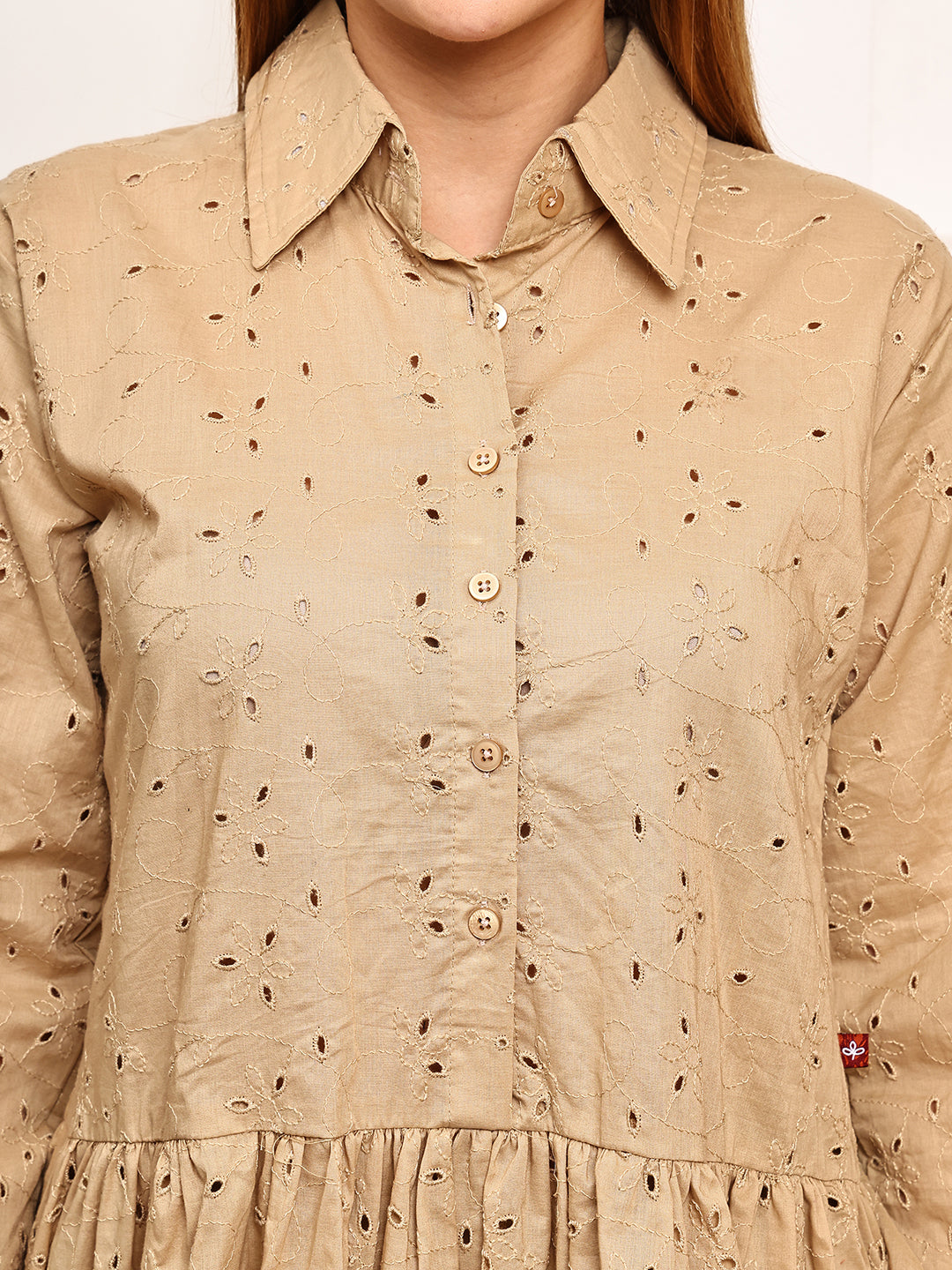 Coffee Mocha Cutwork Cotton Shirt Dress