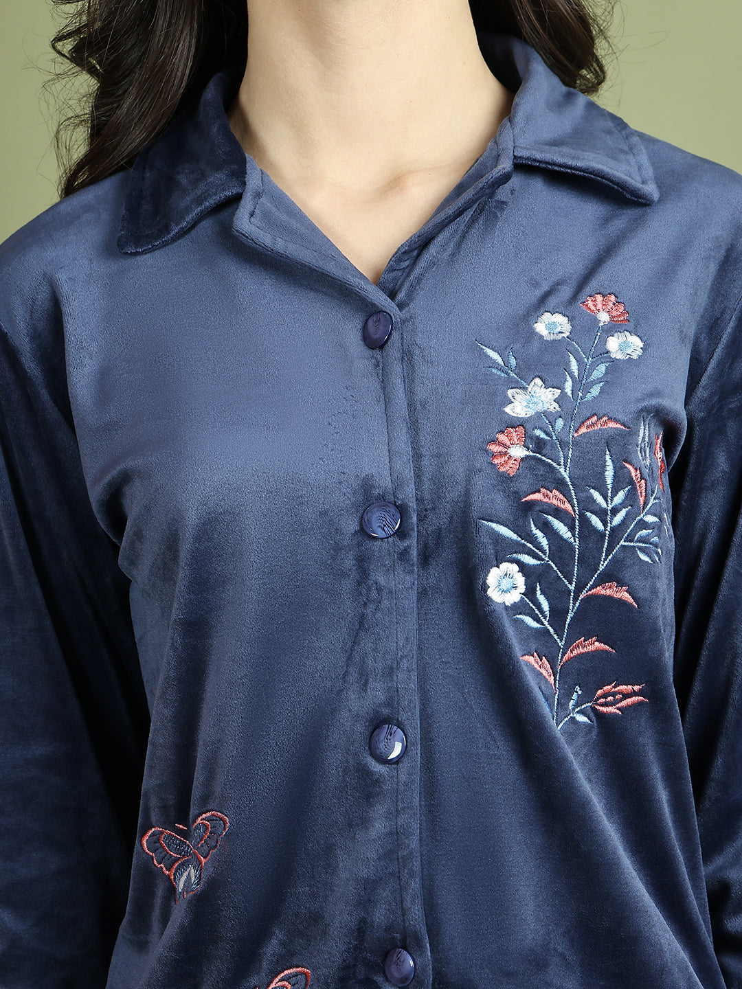 Navy Blue Embroidery Velvet Lounge Set