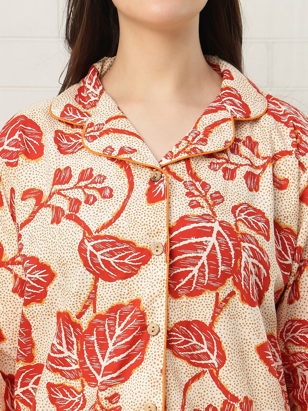 Orange Hibiscus Collar Night Suit