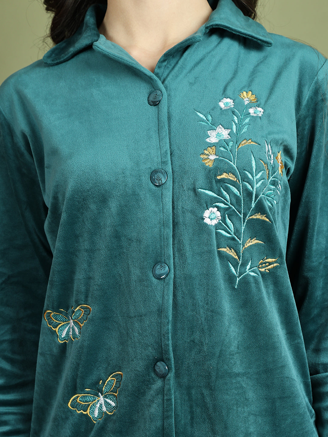 Bottle Green Embroidery Velvet Lounge Set