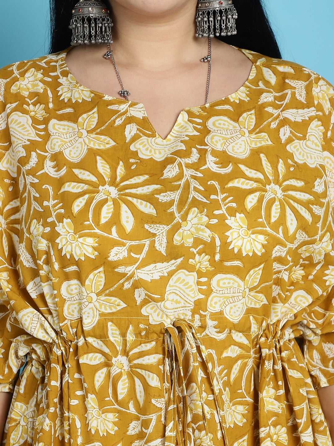 Plus Size Mustard Printed Cotton Kaftan And Pant Set