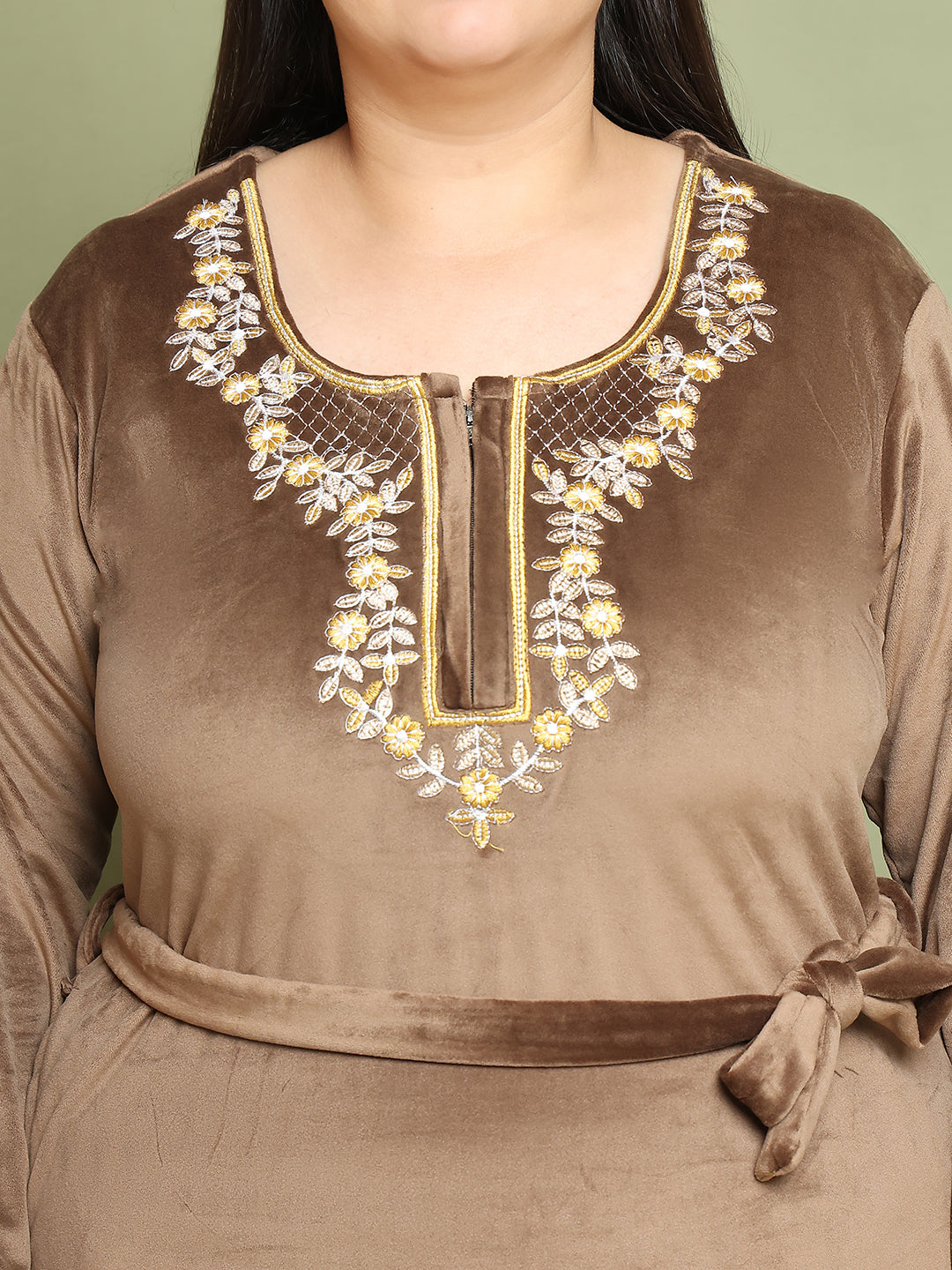 Brown Embroidery Velvet Night Dress