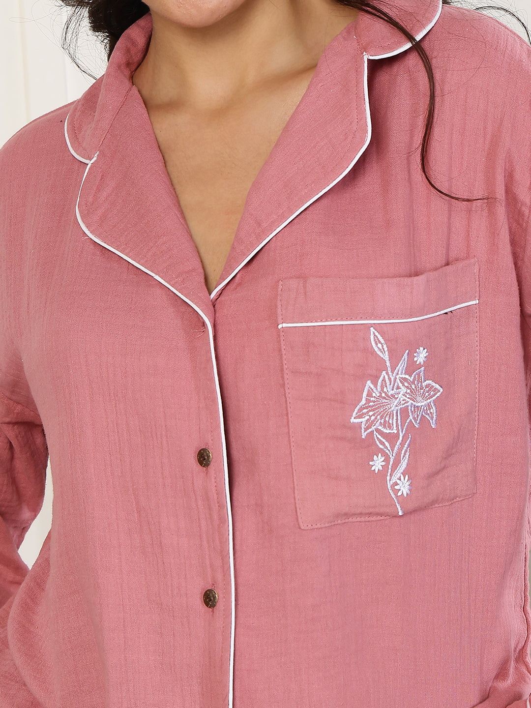 Ziva Tulip Embroidery Collar Night Suit