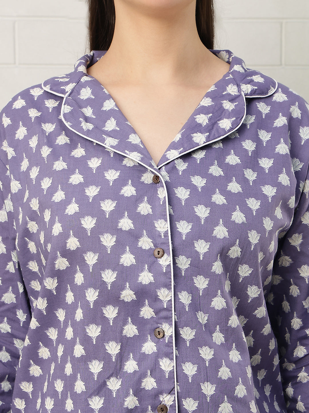 Purple Daffodil Booti Collar Night Suit