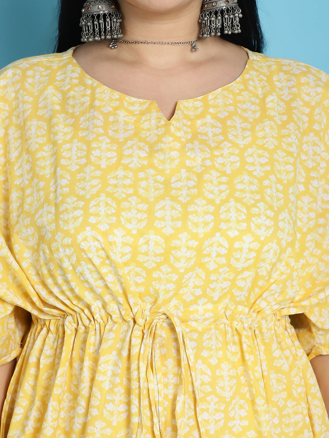 Plus Size Yellow Printed Cotton Kaftan And Pant Set