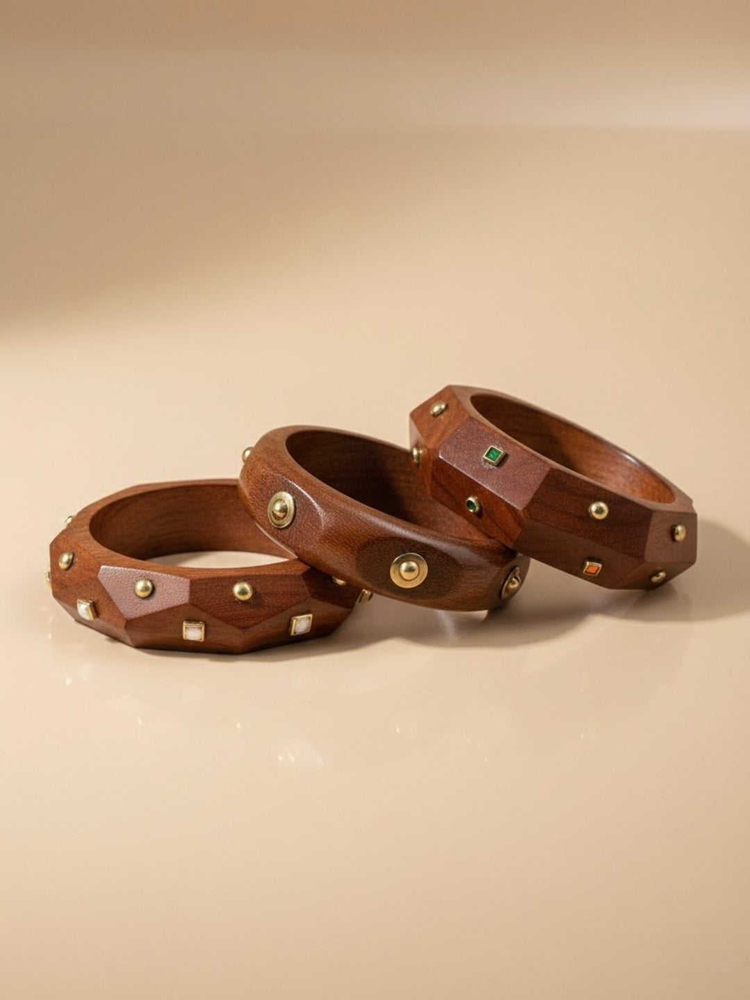 Clean Girl Summer Wooden & Brass Bangles-Set of 3