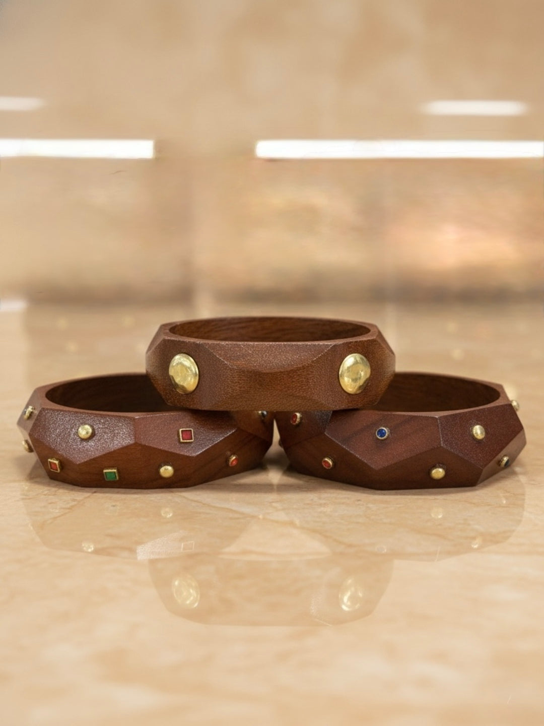 Mermaid Wooden & Brass Bangles-Set of 3