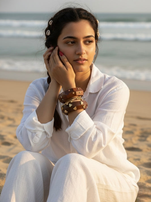 Dream Girl Wooden & Brass Bangles-Set of 3
