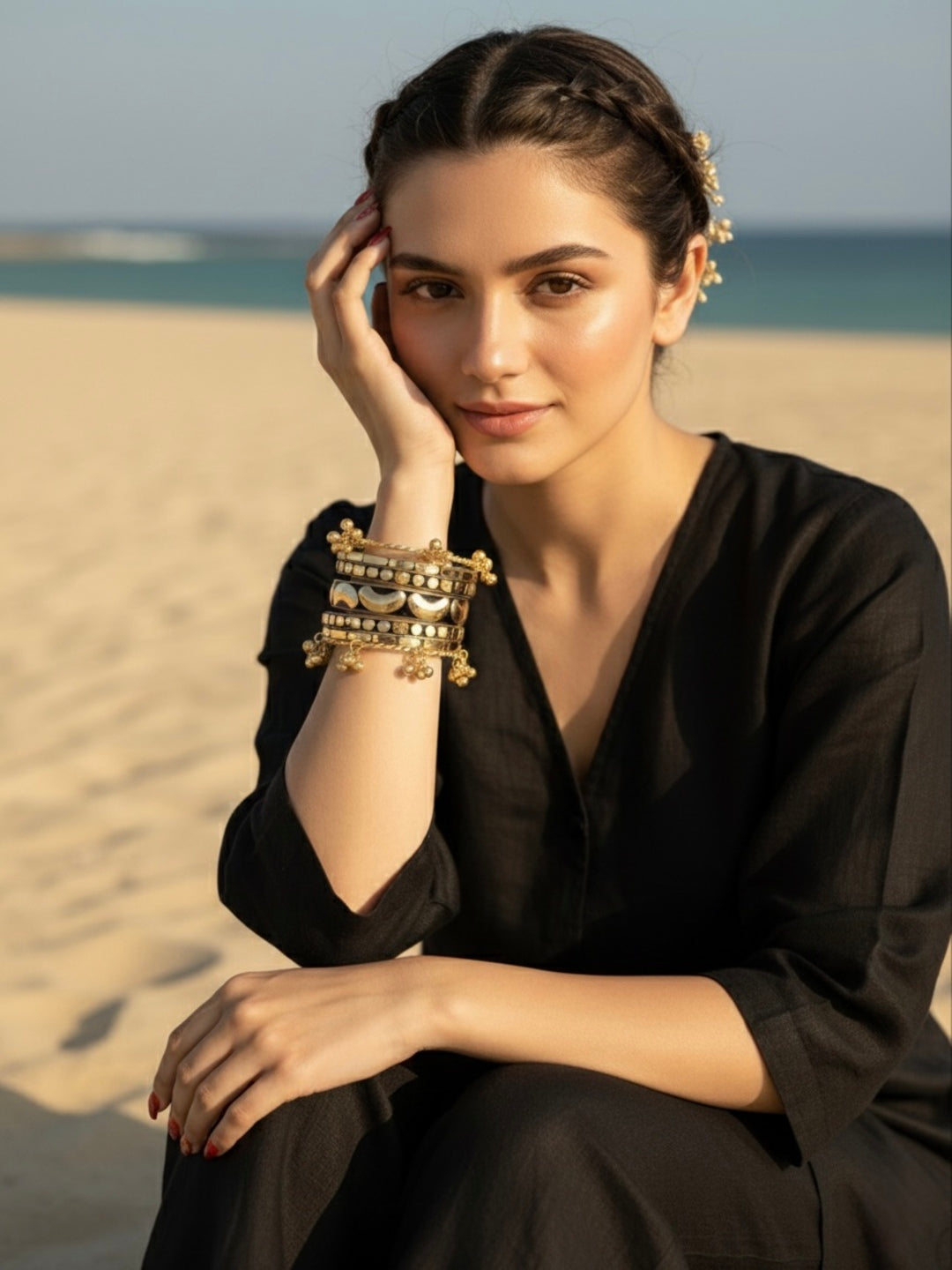 Side Eye Resin, Wooden & Brass Bangles-Set of 7