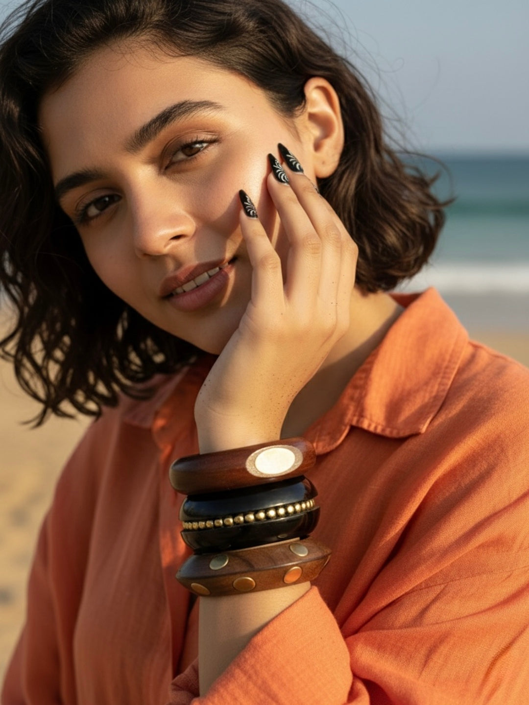 Mainline Caffeine Wooden & Brass Bangles-Set of 3