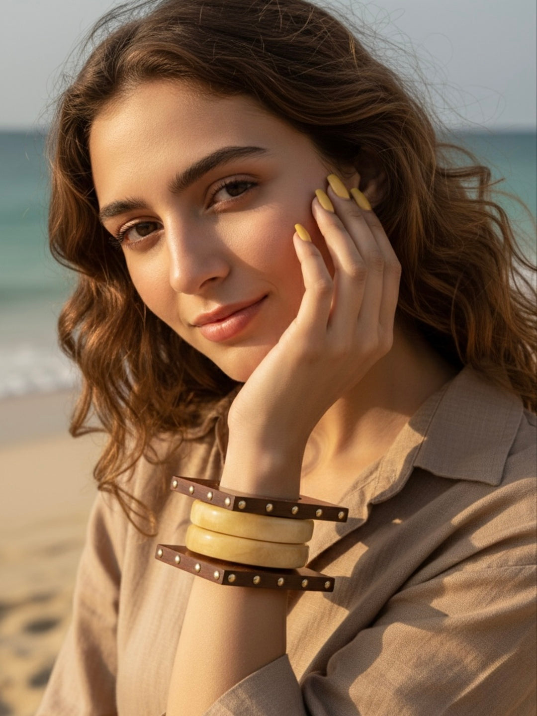 Sufna Banke Resin, Wooden & Brass Bangles-Set of 4