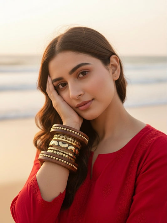 Shararat Wooden & Brass Bangles-Set of 7
