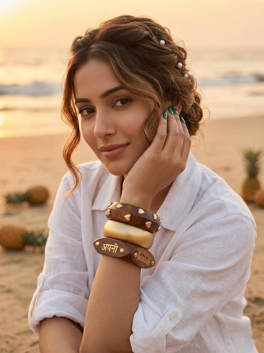 Kesariya Glow Resin, Wooden & Brass Bangles-Set of 3