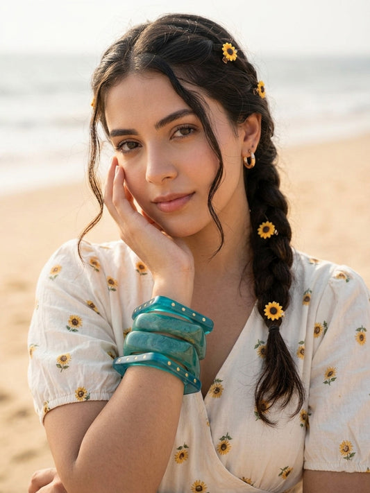 Aqua Flower Resin Bangles-Set of 4