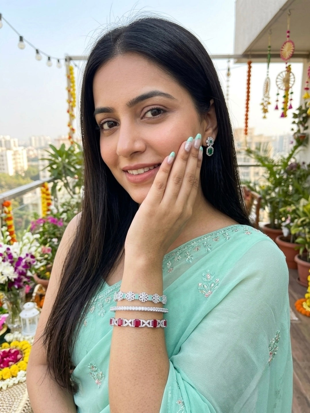 Daisy Silver-Plated AD & Cubic Zirconia Stone-Studded Premium Bangles- Set of 3