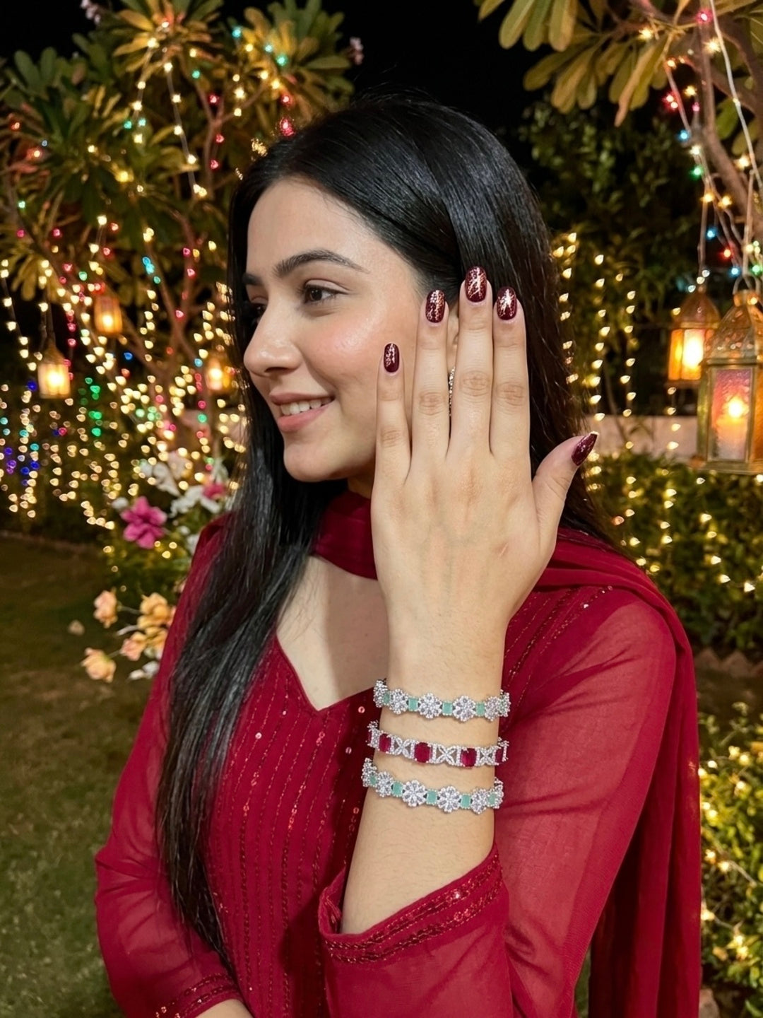 Mirchi Shimmer Silver-Plated AD & Cubic Zirconia Stone-Studded Premium Bangles- Set of 3