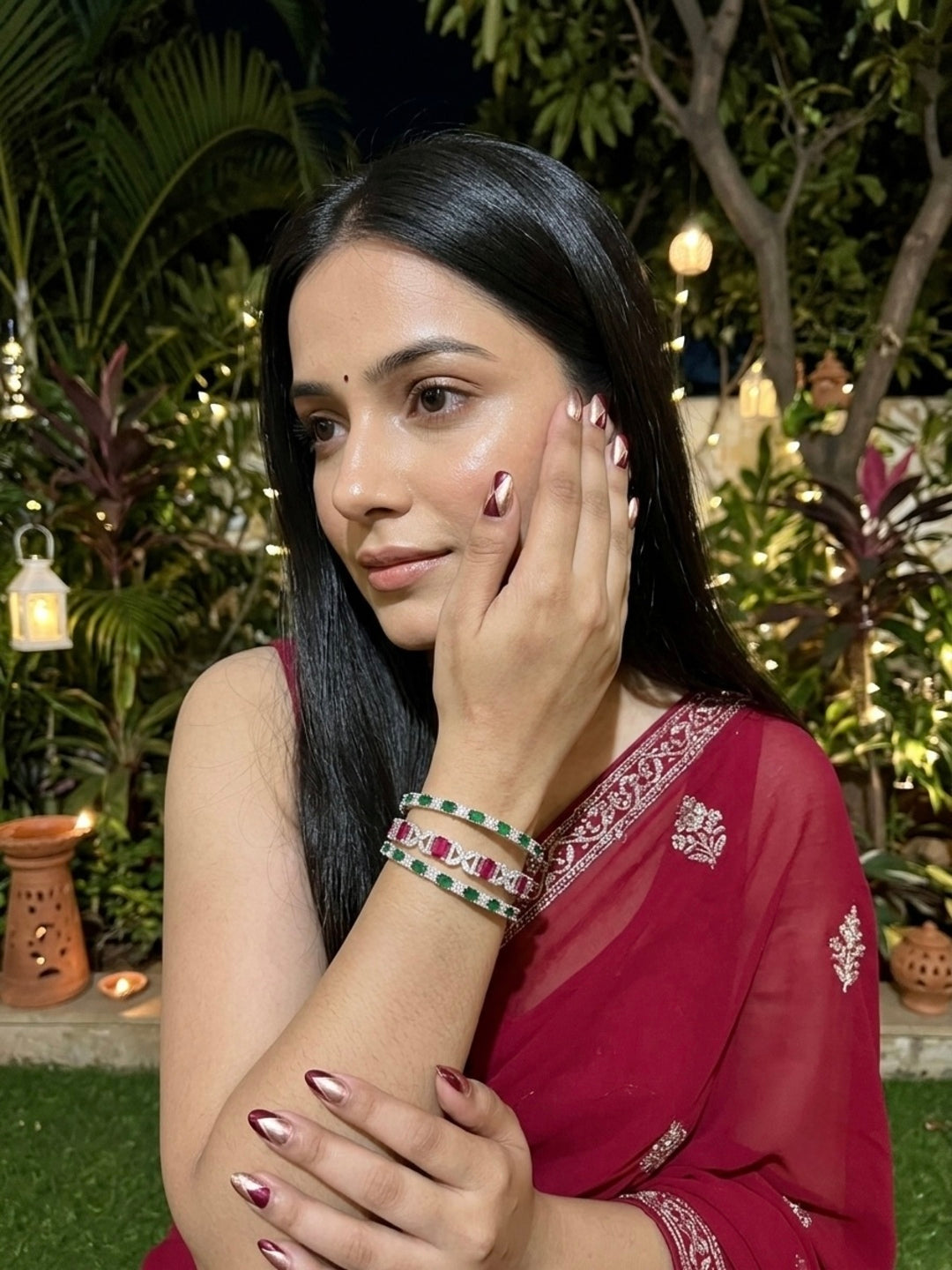 BollyGlow  Silver-Plated AD & Cubic Zirconia Stone-Studded Premium Bangles- Set of 3