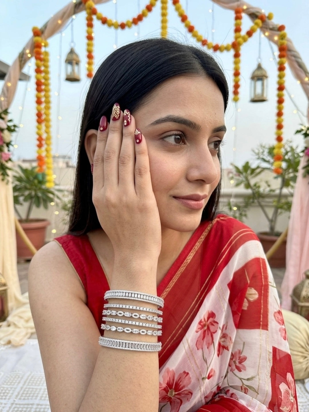 Lizaa Stack Silver-Plated AD & Cubic Zirconia Stone-Studded Premium Bangles- Set of 6
