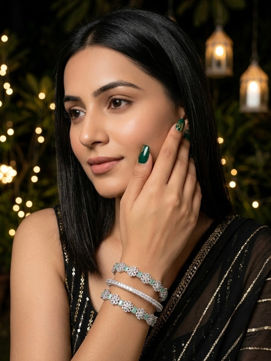 Saiba Silver-Plated AD & Cubic Zirconia Stone-Studded Premium Bangles- Set of 3