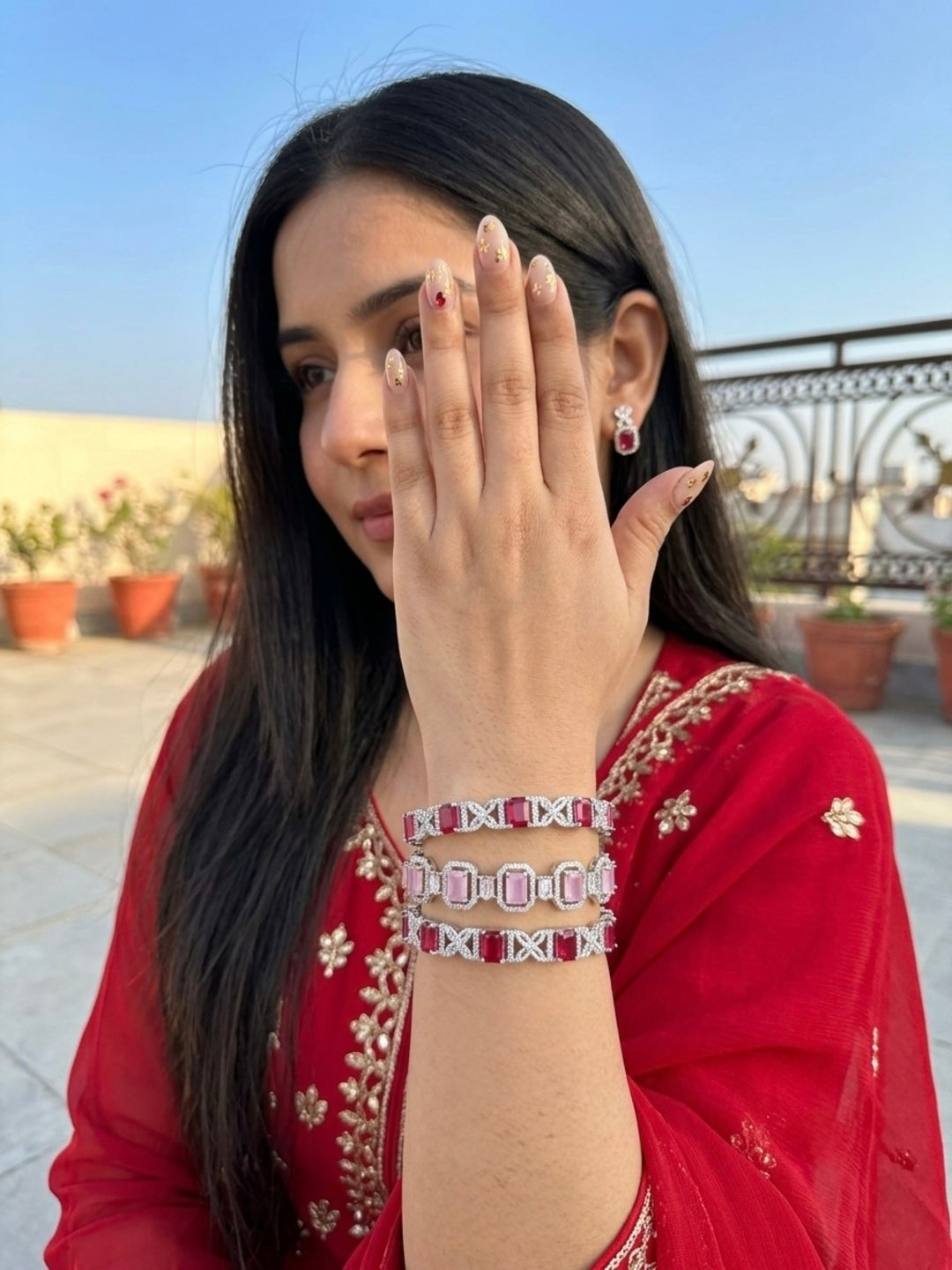 Soft Focus Shimmer Silver-Plated AD & Cubic Zirconia Stone-Studded Premium Bangles- Set of 3