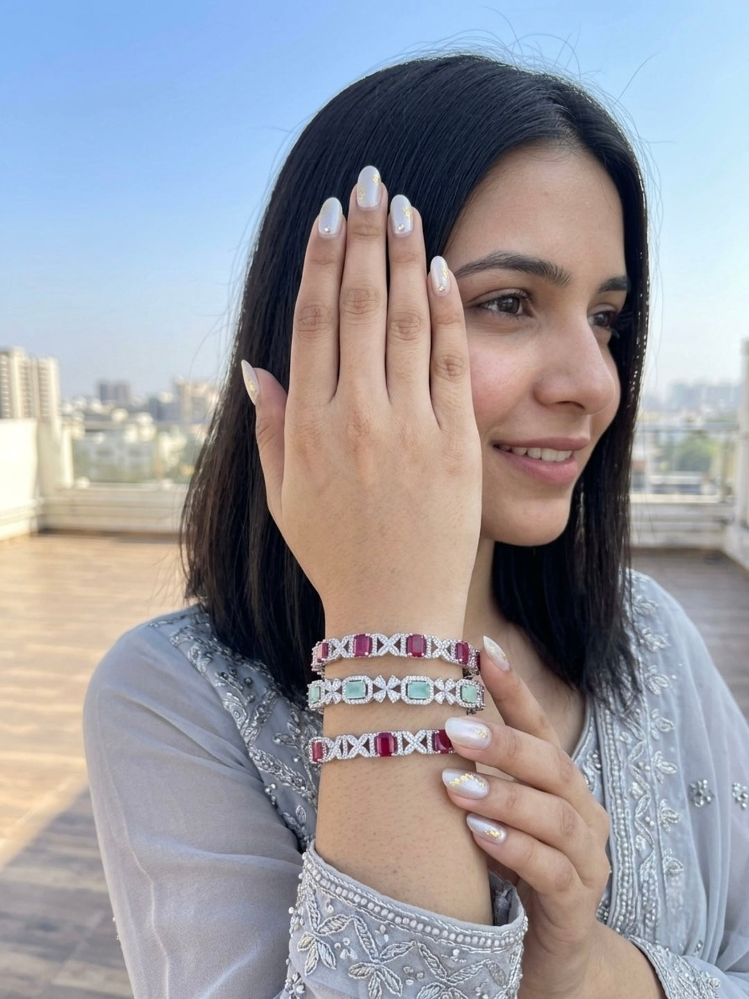 Kelly Silver-Plated AD & Cubic Zirconia Stone-Studded Premium Bangles- Set of 3
