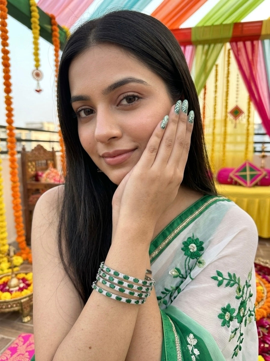 Pansy Silver-Plated AD & Cubic Zirconia Stone-Studded Premium Bangles- Set of 4