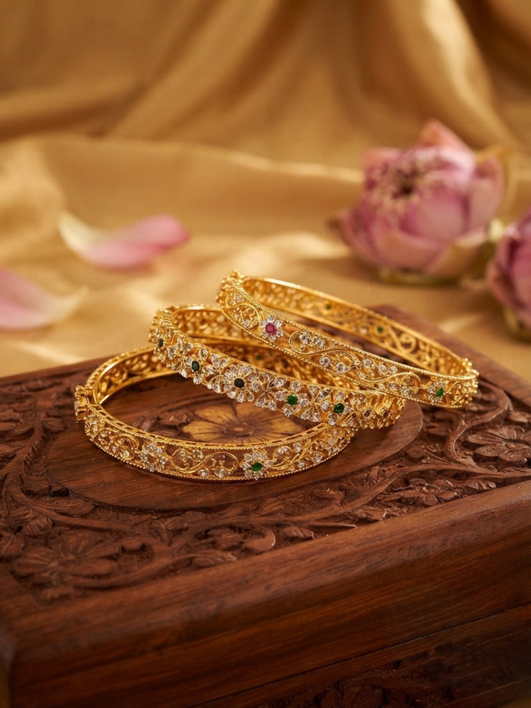 Shahi Swarna Gold-Plated AD & Cubic Zirconia Stone-Studded Premium Bangles- Set of 3