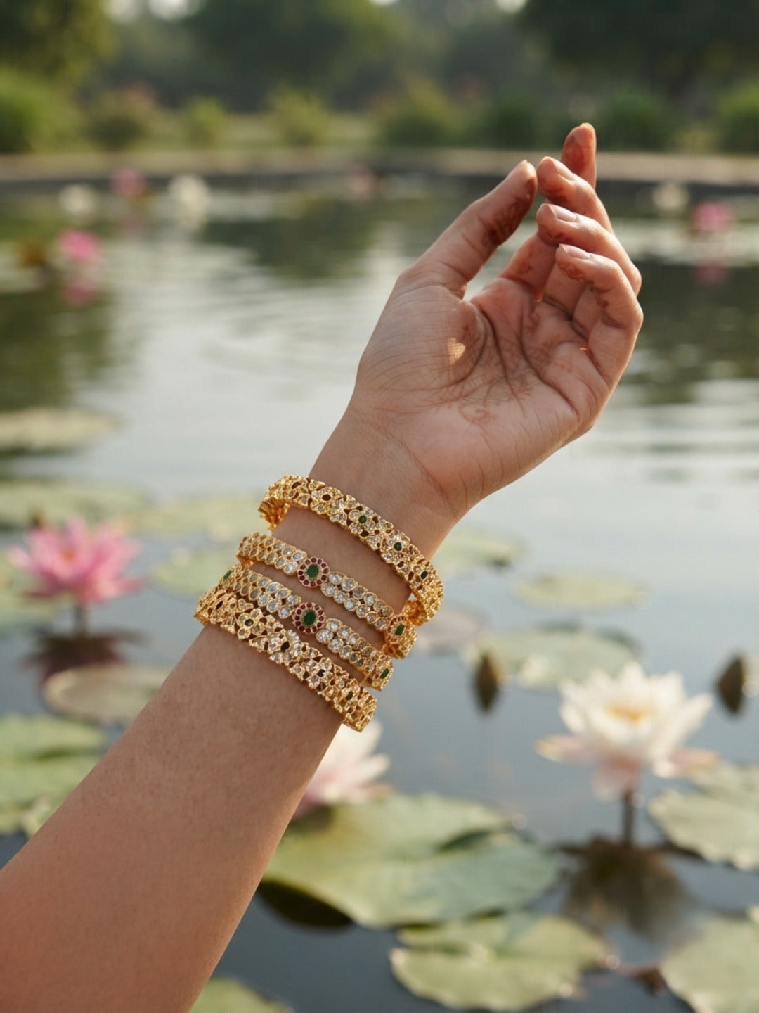 Nazrana Gold-Plated AD & Cubic Zirconia Stone-Studded Premium Bangles- Set of 4