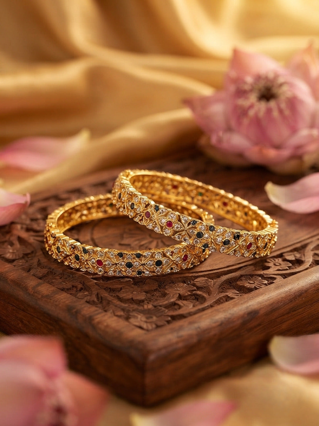 Maharani Gold-Plated AD & Cubic Zirconia Stone-Studded Premium Bangles- Set of 2