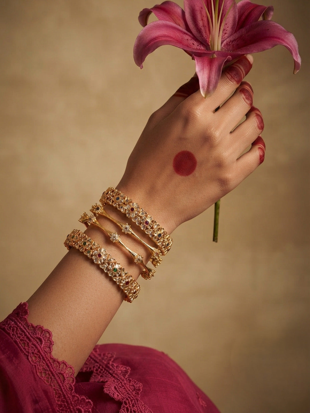 Sheesh Mahal Gold-Plated AD & Cubic Zirconia Stone-Studded Premium Bangles- Set of 4