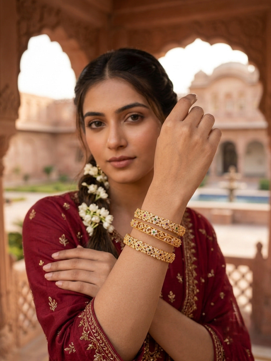Royal Nizam  Gold-Plated AD & Cubic Zirconia Stone-Studded Premium Bangles- Set of 3