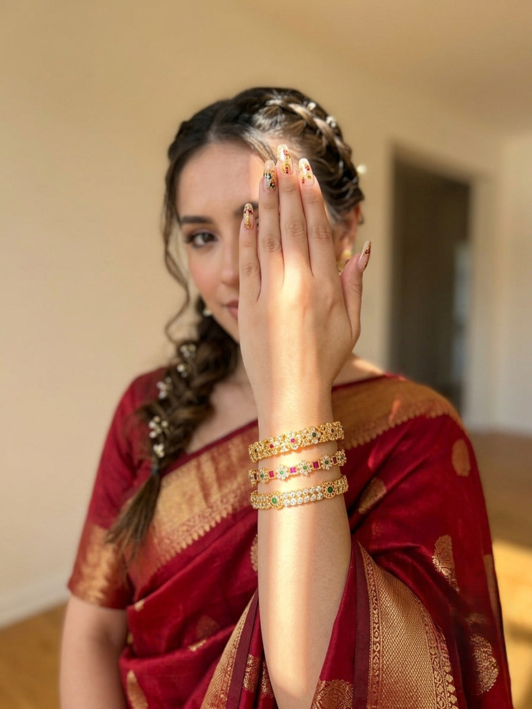 Chandni Gold-Plated AD & Cubic Zirconia Stone-Studded Premium Bangles- Set of 3