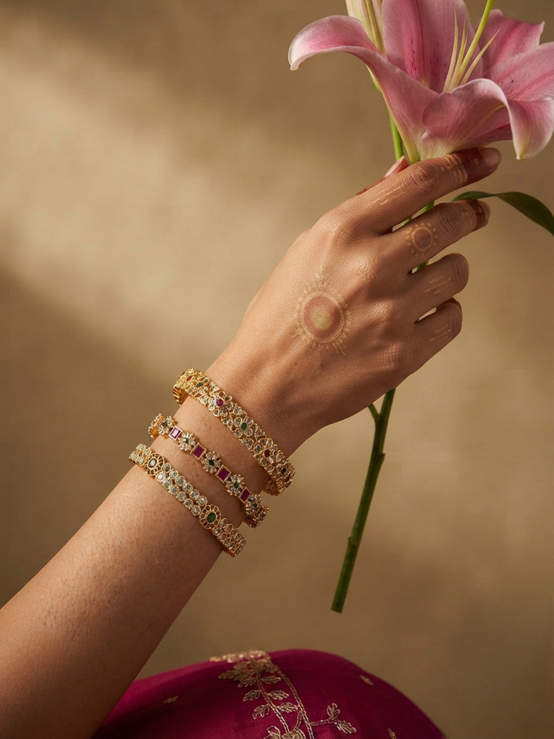 Chandni Gold-Plated AD & Cubic Zirconia Stone-Studded Premium Bangles- Set of 3