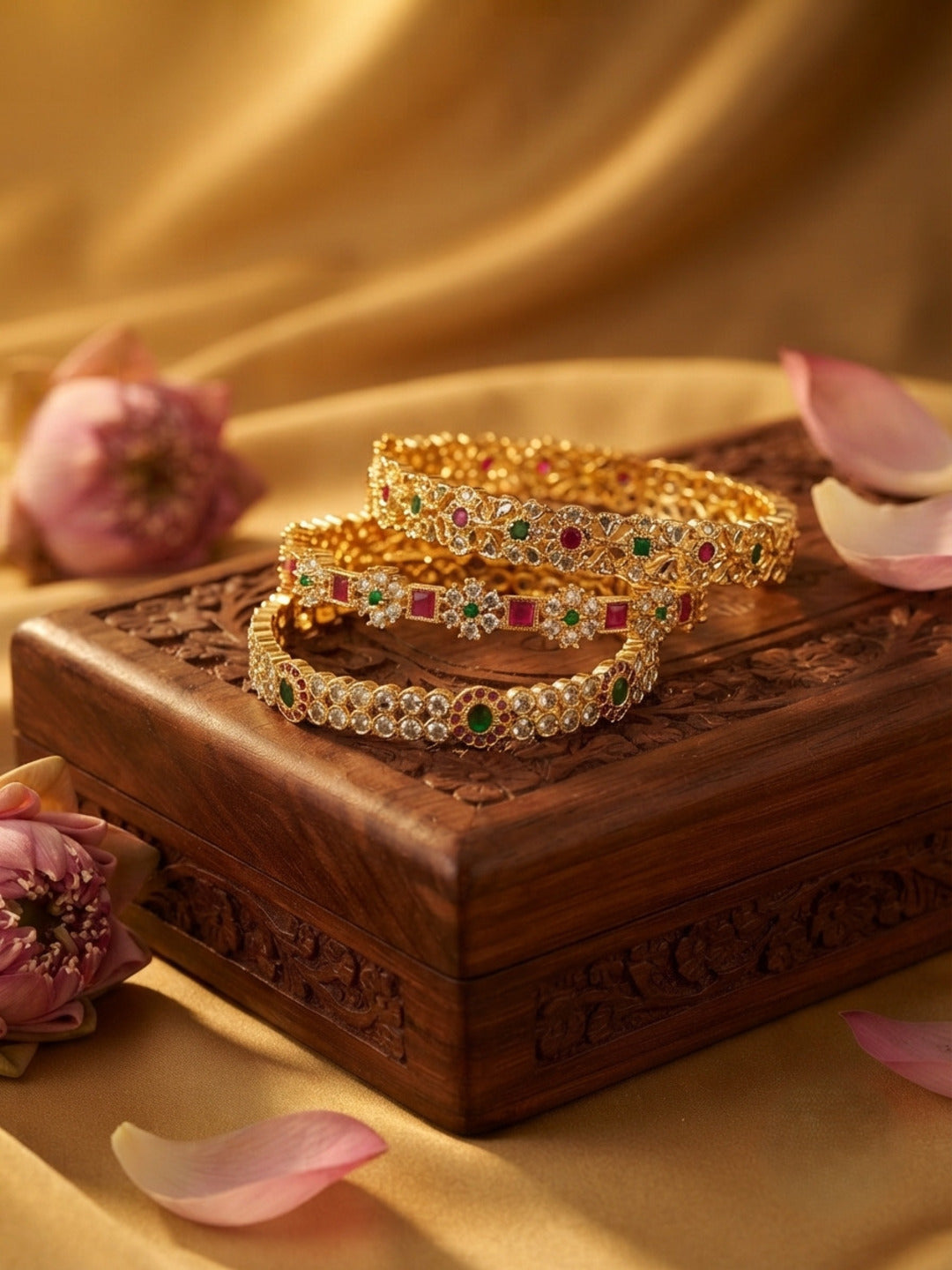 Chandni Gold-Plated AD & Cubic Zirconia Stone-Studded Premium Bangles- Set of 3