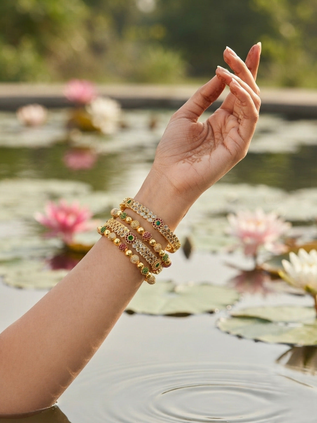 Anarkal Gold-Plated AD & Cubic Zirconia Stone-Studded Premium Bangles- Set of 4
