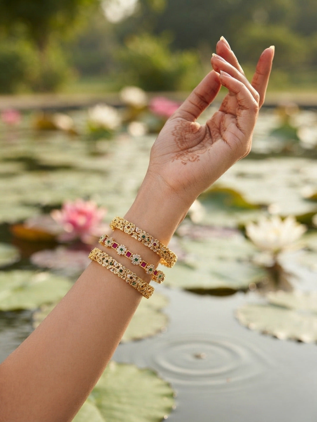 Rekha Royal Gold-Plated AD & Cubic Zirconia Stone-Studded Premium Bangles- Set of 3