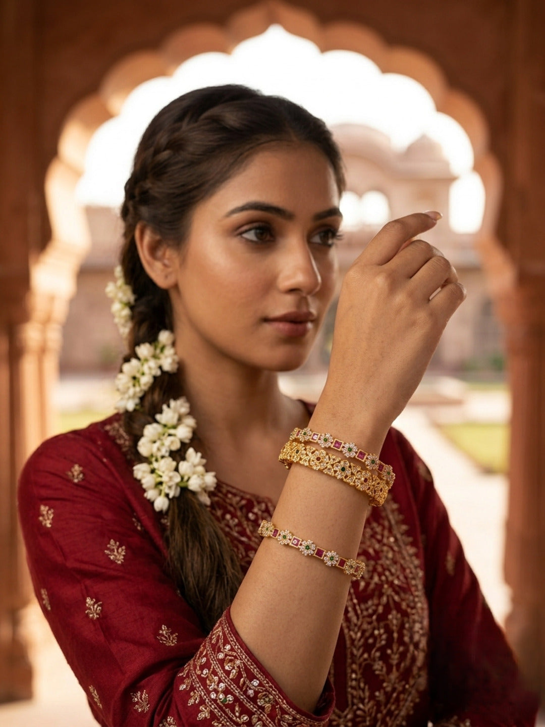 Madhubala Gold-Plated AD & Cubic Zirconia Stone-Studded Premium Bangles- Set of 3