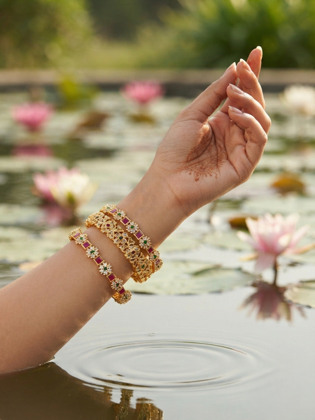 Madhubala Gold-Plated AD & Cubic Zirconia Stone-Studded Premium Bangles- Set of 3
