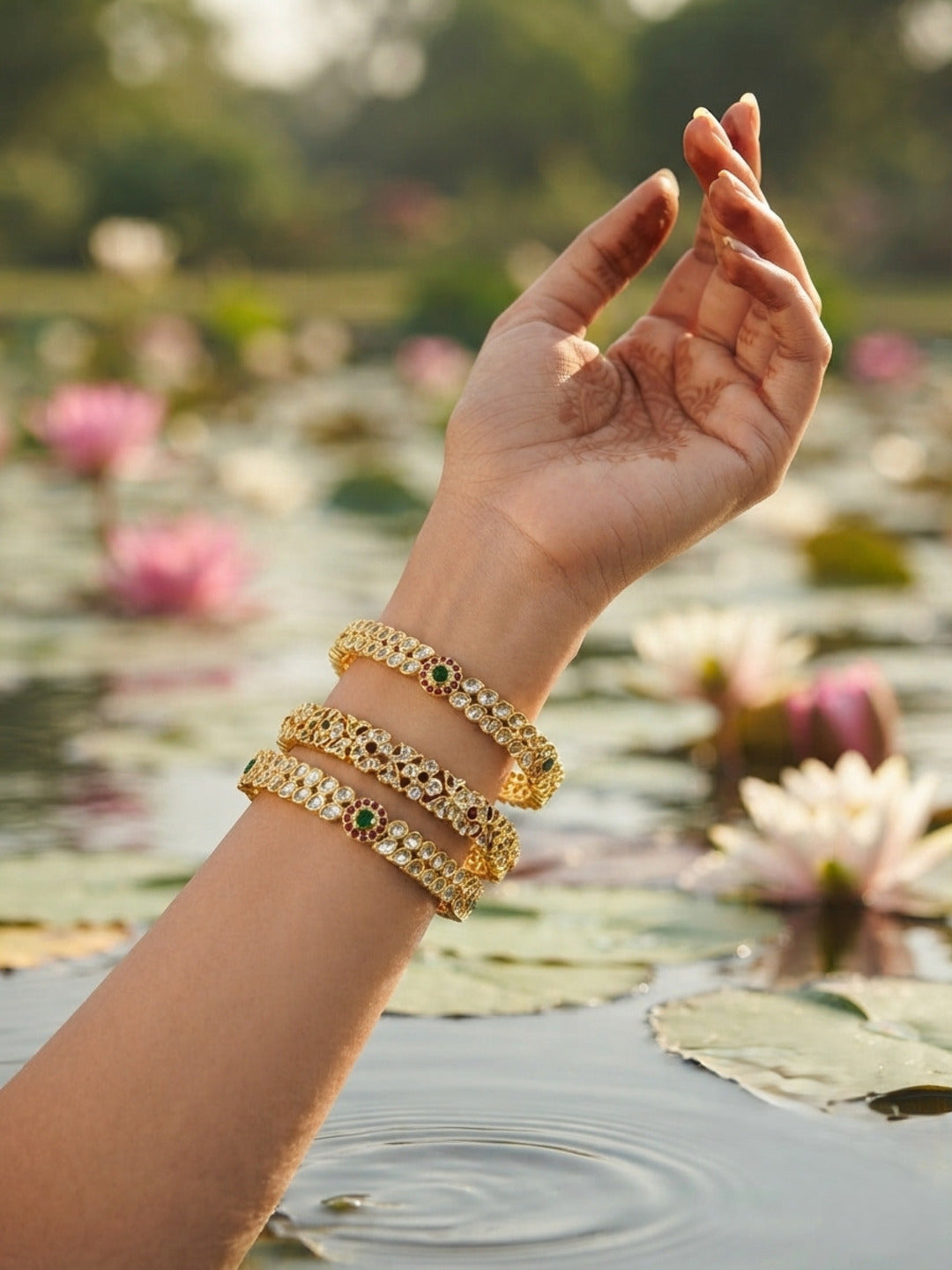 Khanak Gold-Plated AD & Cubic Zirconia Stone-Studded Premium Bangles- Set of 3