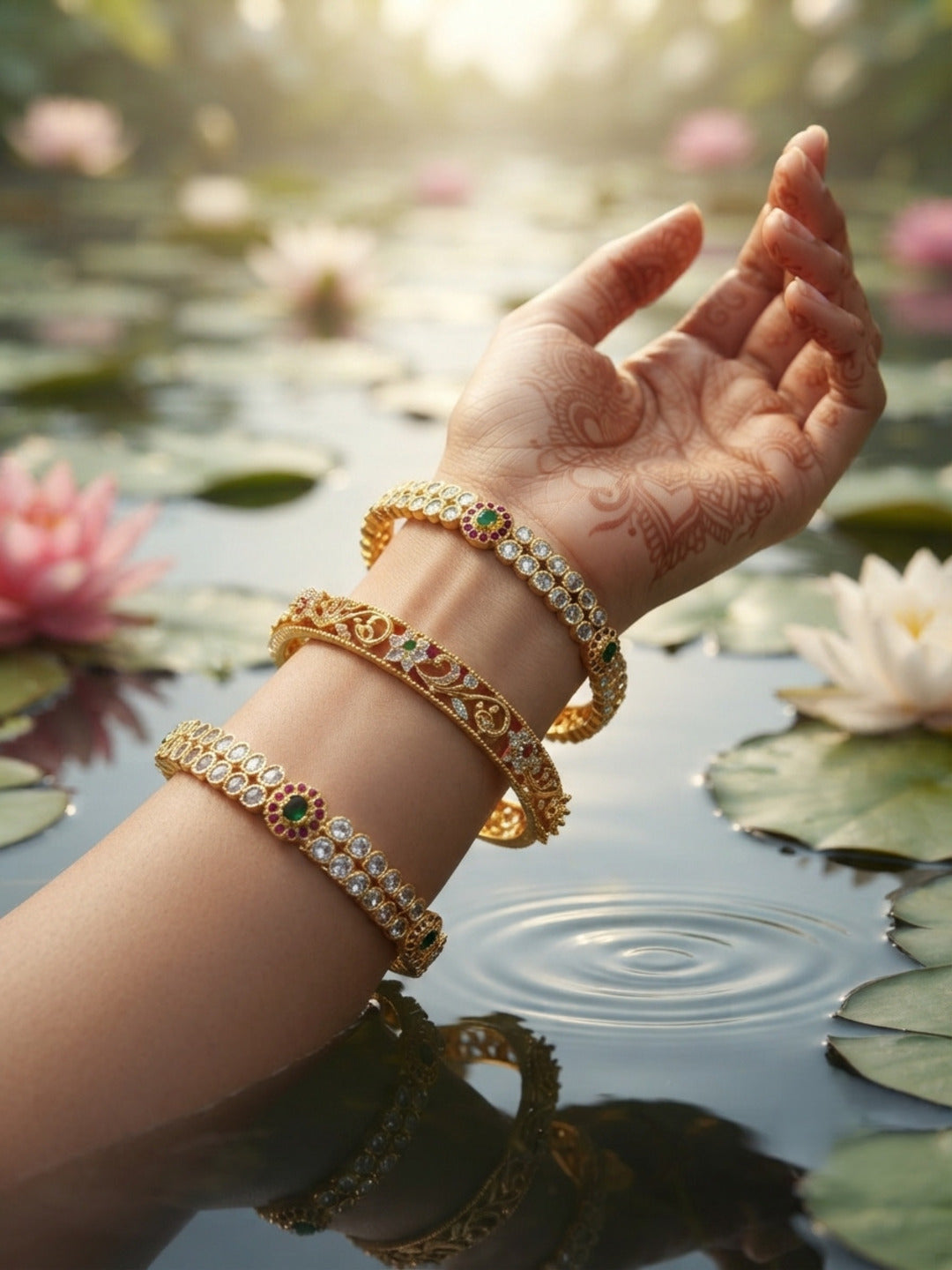 Dilbar Gold-Plated AD & Cubic Zirconia Stone-Studded Premium Bangles- Set of 3