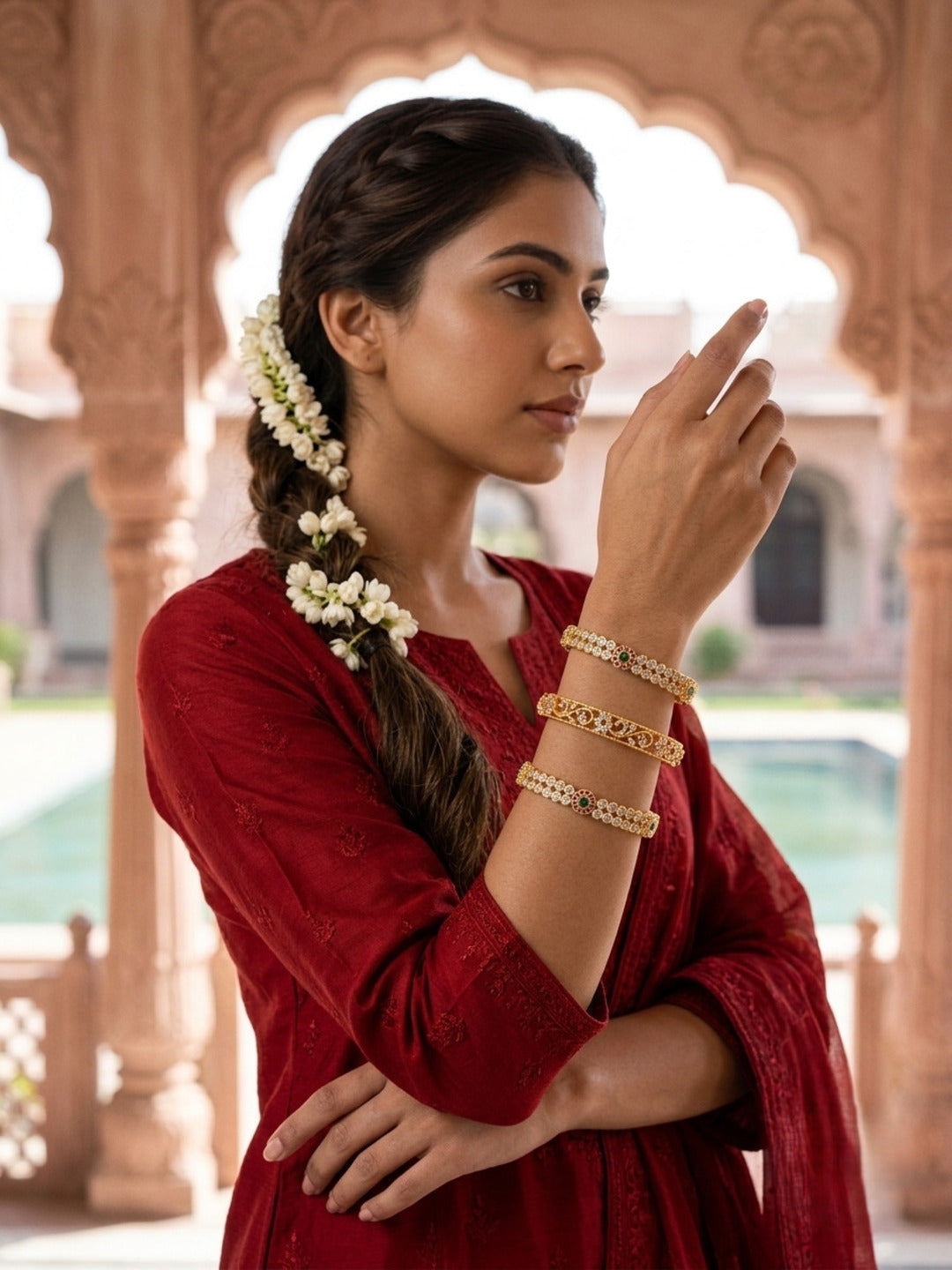 Dilbar Gold-Plated AD & Cubic Zirconia Stone-Studded Premium Bangles- Set of 3