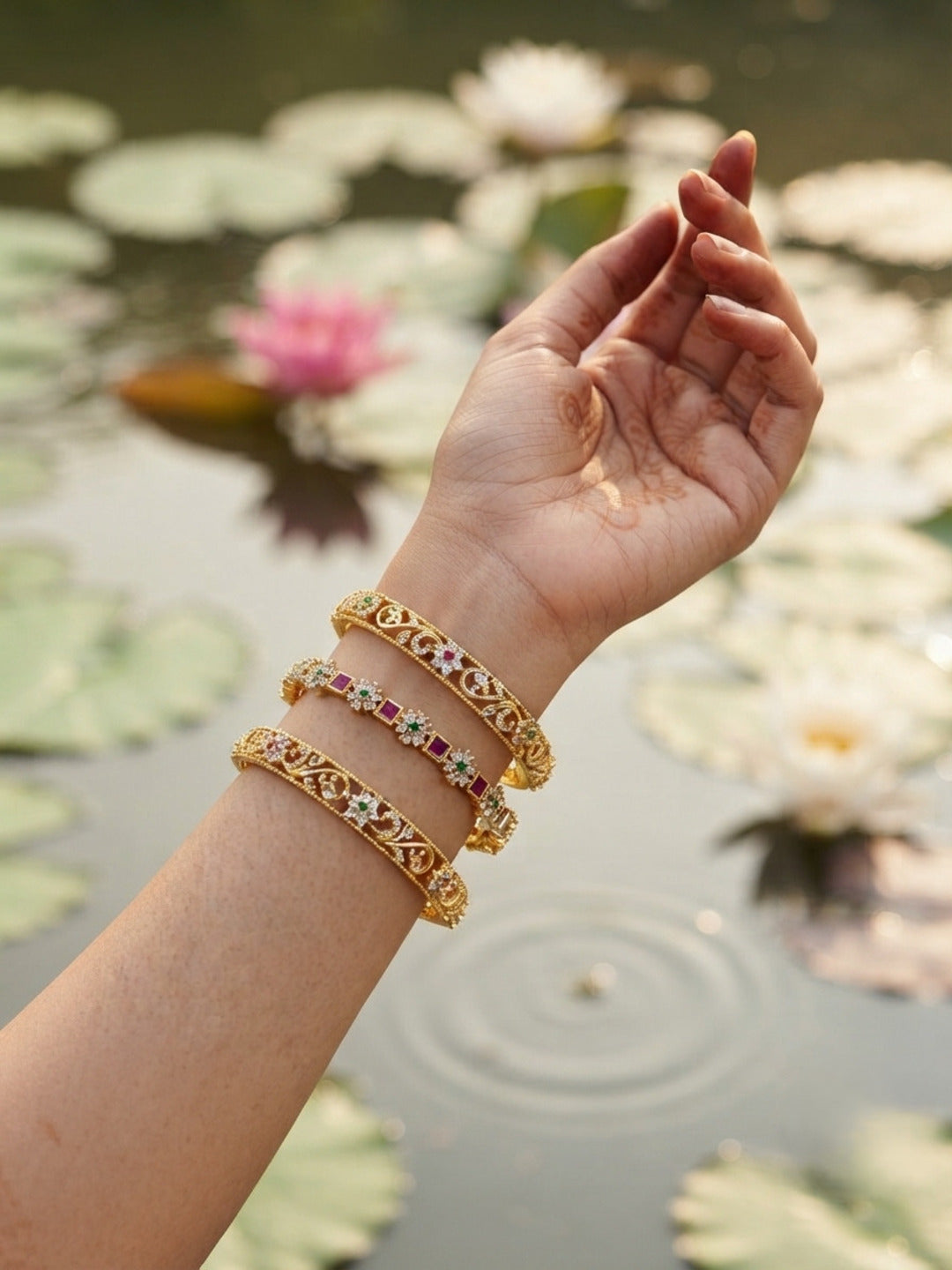 Kesariya Gold-Plated AD & Cubic Zirconia Stone-Studded Premium Bangles- Set of 3