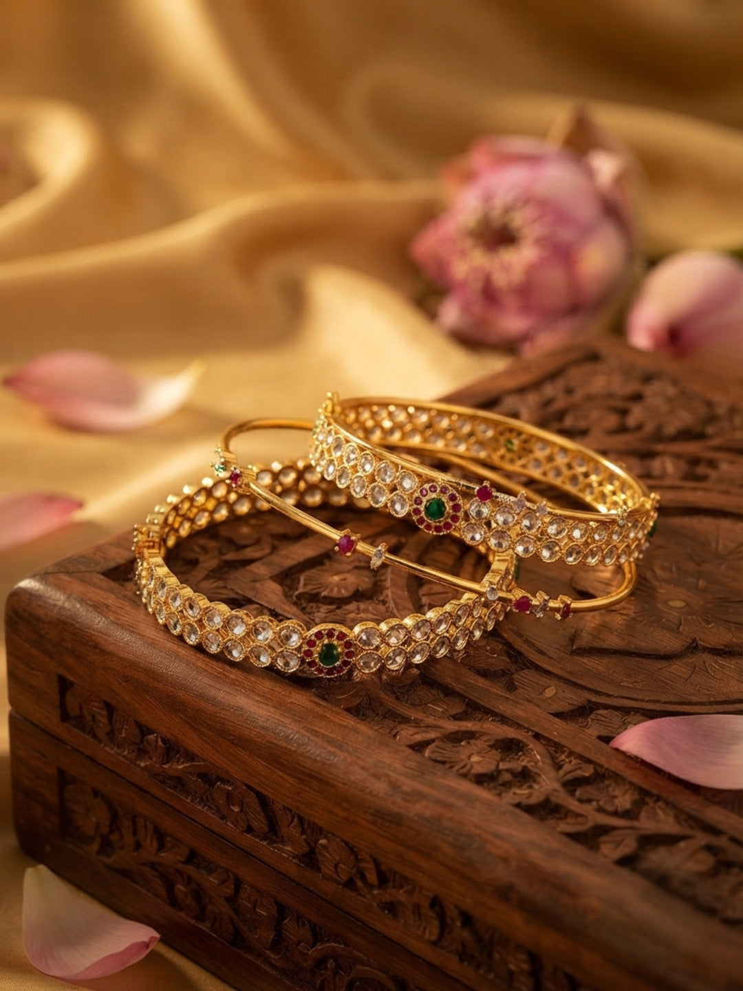 Glamour Gold-Plated AD & Cubic Zirconia Stone-Studded Premium Bangles- Set of 4
